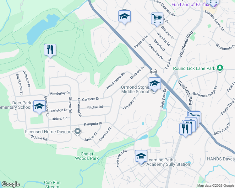 map of restaurants, bars, coffee shops, grocery stores, and more near 14821 Carlbern Drive in Centreville