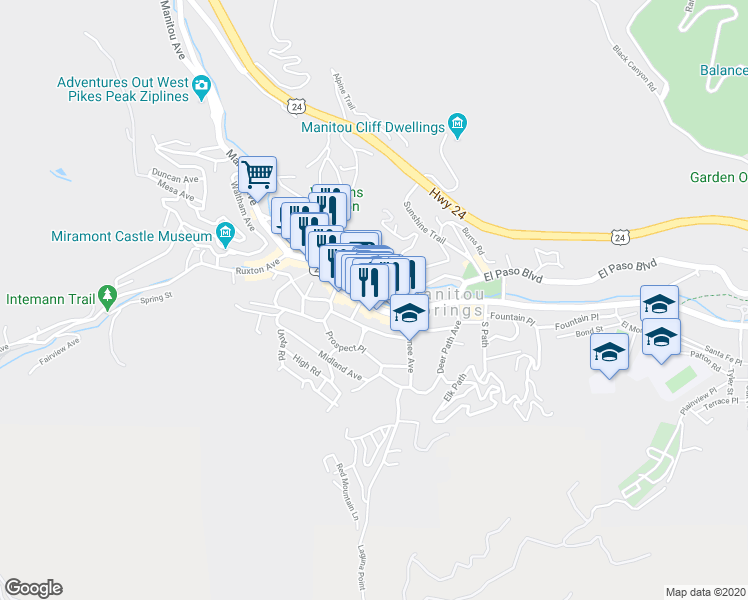 map of restaurants, bars, coffee shops, grocery stores, and more near 742a Manitou Avenue in Manitou Springs