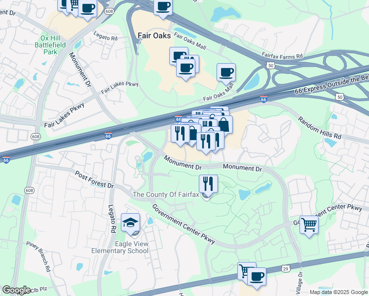 map of restaurants, bars, coffee shops, grocery stores, and more near 4097 Monument Corner Drive in Fairfax