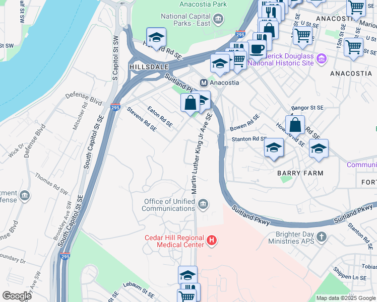 map of restaurants, bars, coffee shops, grocery stores, and more near 2642 Birney Place Southeast in Washington