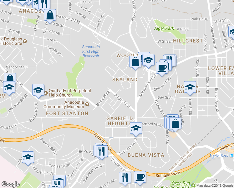 map of restaurants, bars, coffee shops, grocery stores, and more near 2316 Ainger Place Southeast in Washington