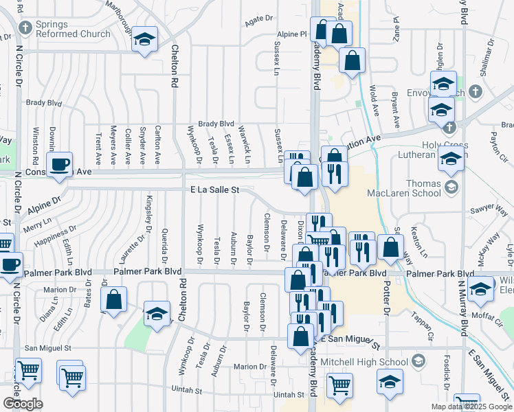 map of restaurants, bars, coffee shops, grocery stores, and more near 1726 Clemson Drive in Colorado Springs