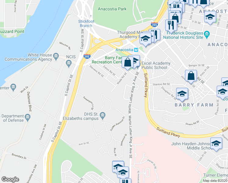 map of restaurants, bars, coffee shops, grocery stores, and more near 2810 Wade Road Southeast in Washington