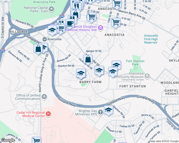 map of restaurants, bars, coffee shops, grocery stores, and more near 2710 Stanton Road Southeast in Washington