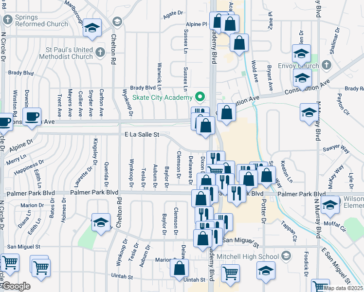 map of restaurants, bars, coffee shops, grocery stores, and more near 3710 East La Salle Street in Colorado Springs