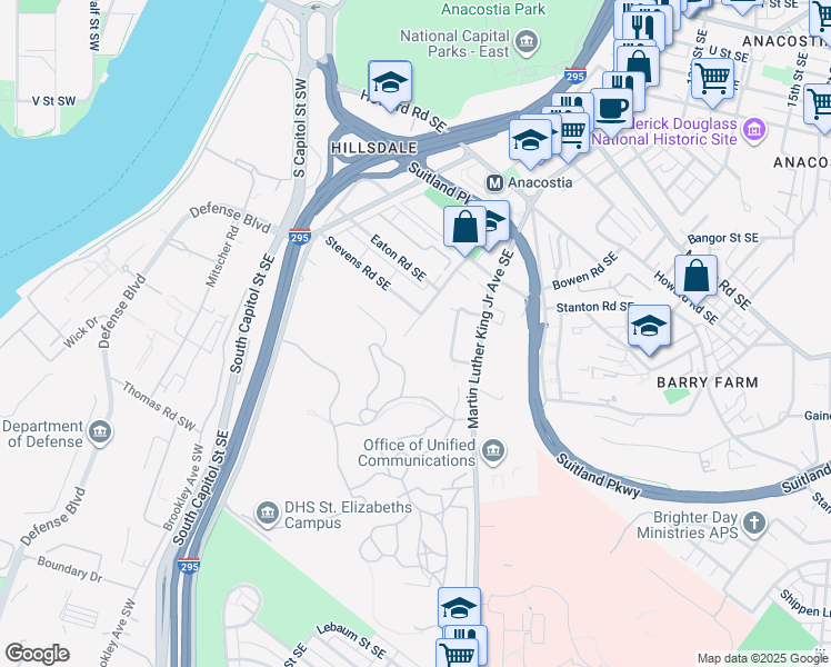 map of restaurants, bars, coffee shops, grocery stores, and more near 2810 Wade Road Southeast in Washington