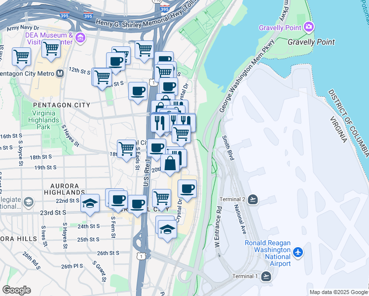map of restaurants, bars, coffee shops, grocery stores, and more near 1805 Crystal Drive in Arlington