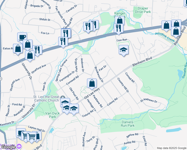 map of restaurants, bars, coffee shops, grocery stores, and more near 9937 Pinehurst Avenue in Fairfax