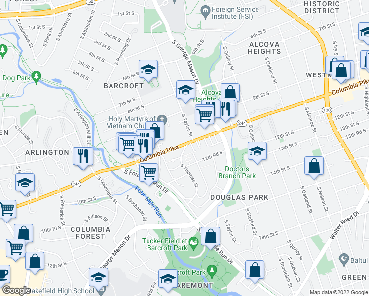 map of restaurants, bars, coffee shops, grocery stores, and more near 1108 South Thomas Street in Arlington