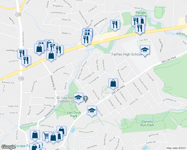 map of restaurants, bars, coffee shops, grocery stores, and more near 10105 Farmington Drive in Fairfax