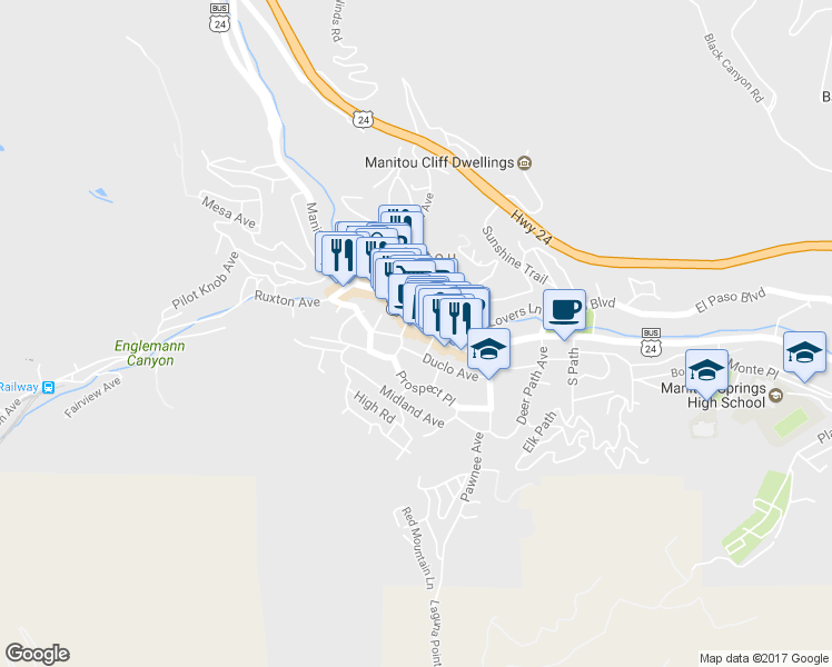 map of restaurants, bars, coffee shops, grocery stores, and more near 9 Navajo Avenue in Manitou Springs