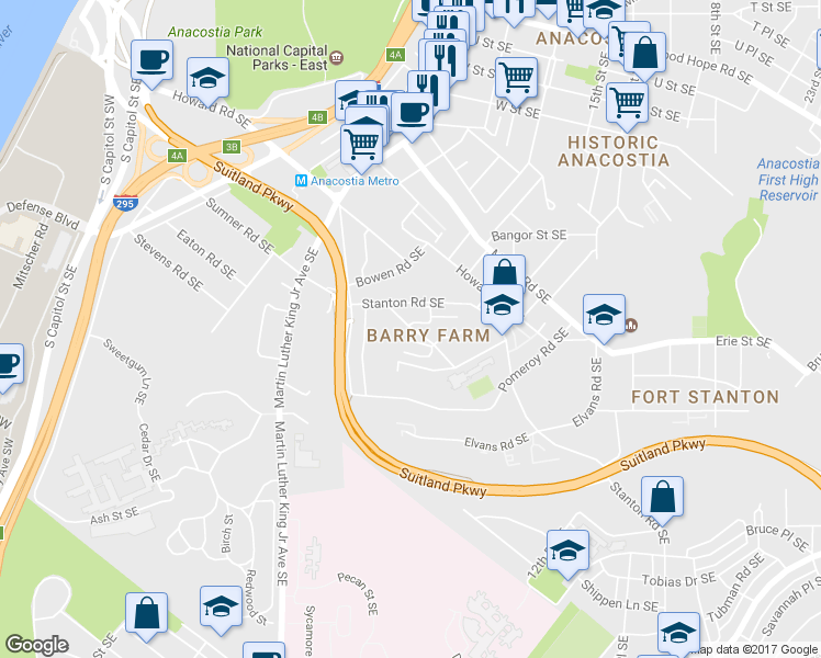 map of restaurants, bars, coffee shops, grocery stores, and more near 2629 Douglass Road Southeast in Washington