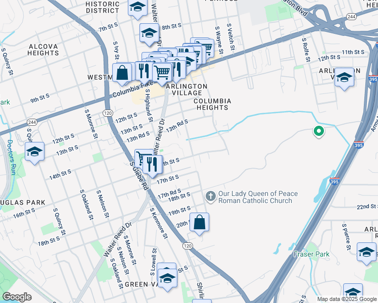 map of restaurants, bars, coffee shops, grocery stores, and more near 1510 South Edgewood Street in Arlington