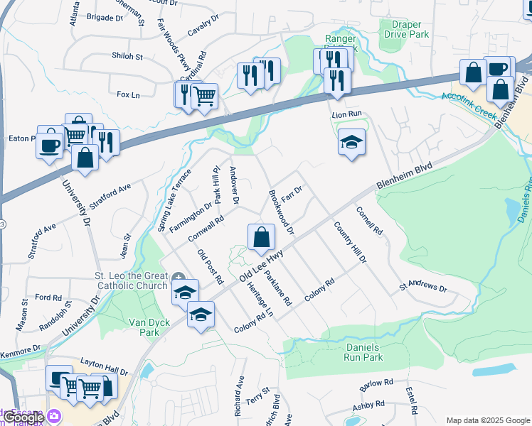 map of restaurants, bars, coffee shops, grocery stores, and more near 9937 Pinehurst Avenue in Fairfax