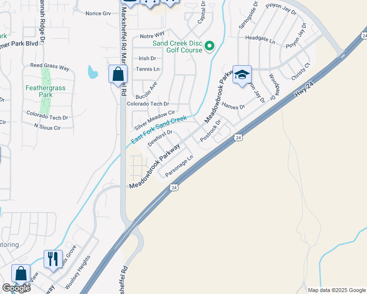 map of restaurants, bars, coffee shops, grocery stores, and more near 1788 Dewhirst Drive in Colorado Springs
