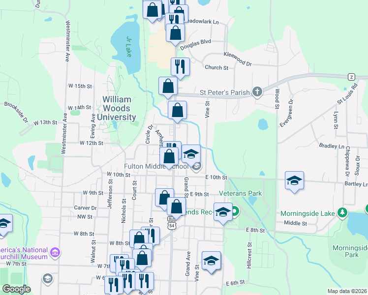 map of restaurants, bars, coffee shops, grocery stores, and more near E 13th St in Fulton