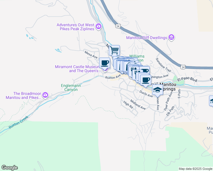 map of restaurants, bars, coffee shops, grocery stores, and more near 22 Maple Lane in Manitou Springs