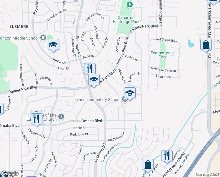 map of restaurants, bars, coffee shops, grocery stores, and more near 1780 Winnebago Road in Colorado Springs