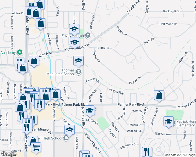 map of restaurants, bars, coffee shops, grocery stores, and more near 1724 Sawyer Way in Colorado Springs