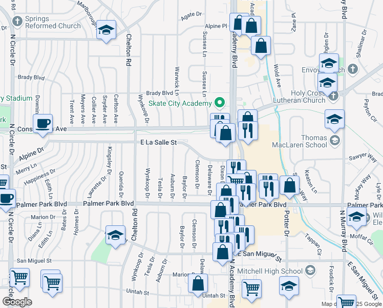 map of restaurants, bars, coffee shops, grocery stores, and more near 3710 East La Salle Street in Colorado Springs