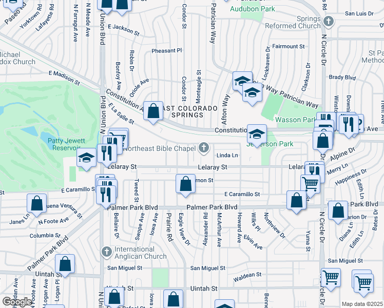 map of restaurants, bars, coffee shops, grocery stores, and more near 1713 Monteagle Street in Colorado Springs