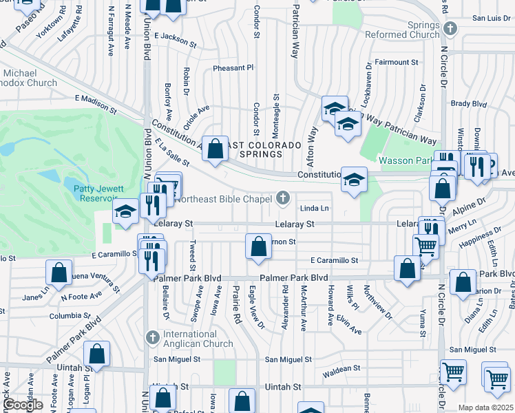 map of restaurants, bars, coffee shops, grocery stores, and more near 1713 Monteagle Street in Colorado Springs