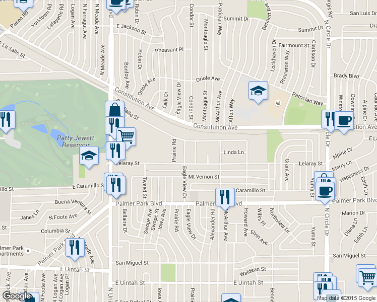 map of restaurants, bars, coffee shops, grocery stores, and more near 1713 Monteagle Street in Colorado Springs