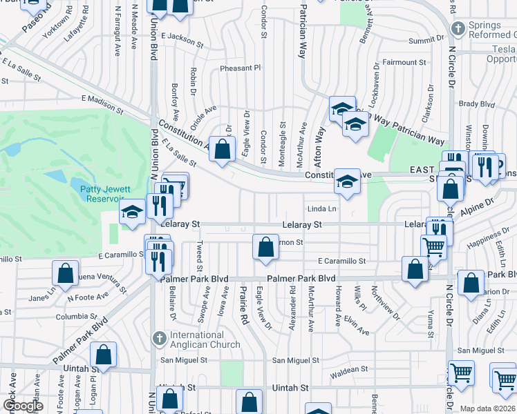 map of restaurants, bars, coffee shops, grocery stores, and more near 1713 Monteagle Street in Colorado Springs