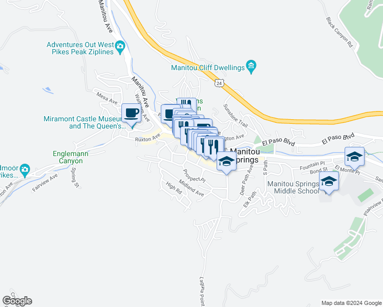 map of restaurants, bars, coffee shops, grocery stores, and more near 9 Navajo Avenue in Manitou Springs