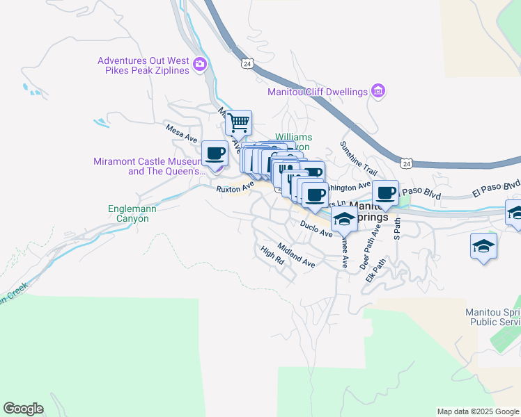 map of restaurants, bars, coffee shops, grocery stores, and more near 108 Mohawk Street in Manitou Springs