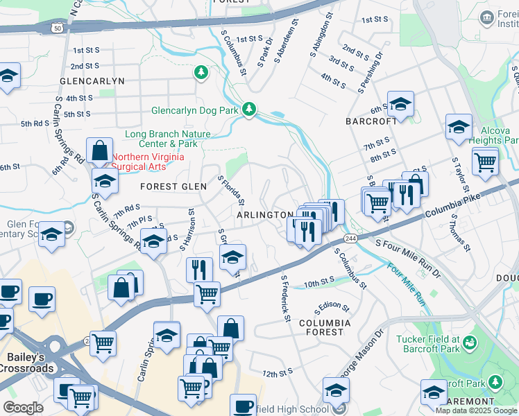 map of restaurants, bars, coffee shops, grocery stores, and more near 5111 8th Road South in Arlington