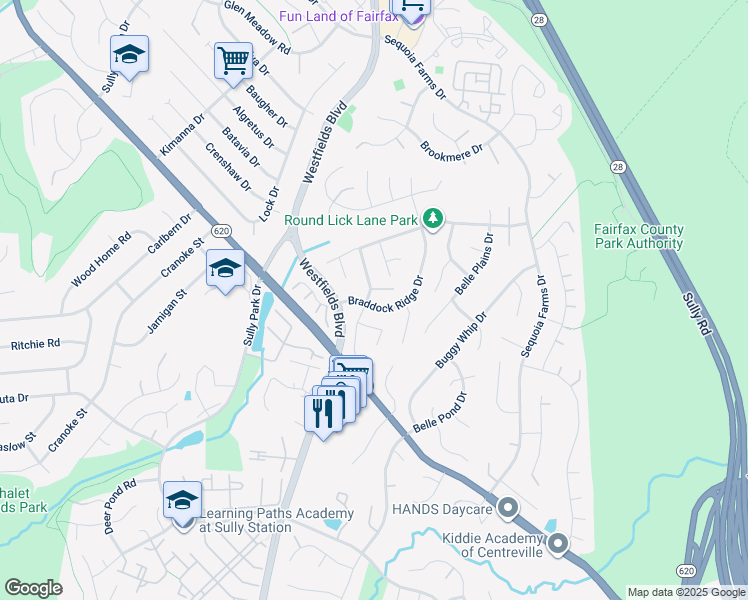 map of restaurants, bars, coffee shops, grocery stores, and more near 5428 Tree Line Drive in Centreville