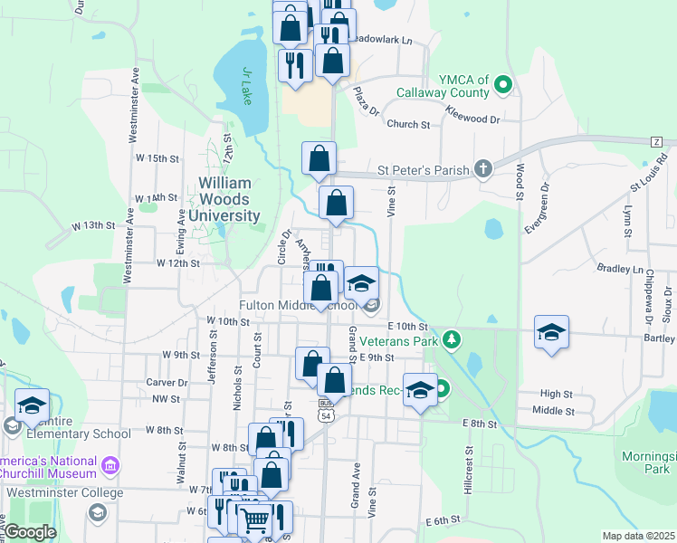 map of restaurants, bars, coffee shops, grocery stores, and more near 1100-1198 N Bluff St in Fulton