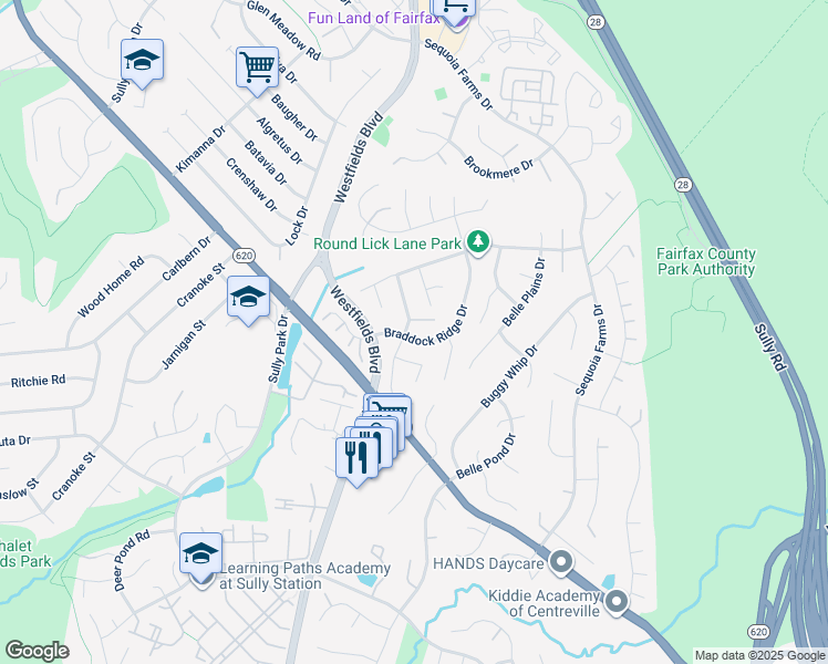 map of restaurants, bars, coffee shops, grocery stores, and more near 5428 Tree Line Drive in Centreville
