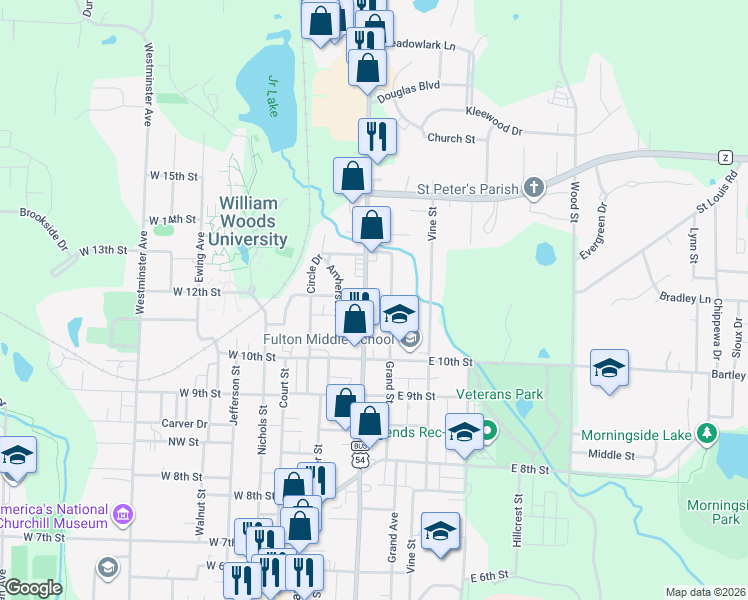 map of restaurants, bars, coffee shops, grocery stores, and more near 1100-1198 N Bluff St in Fulton