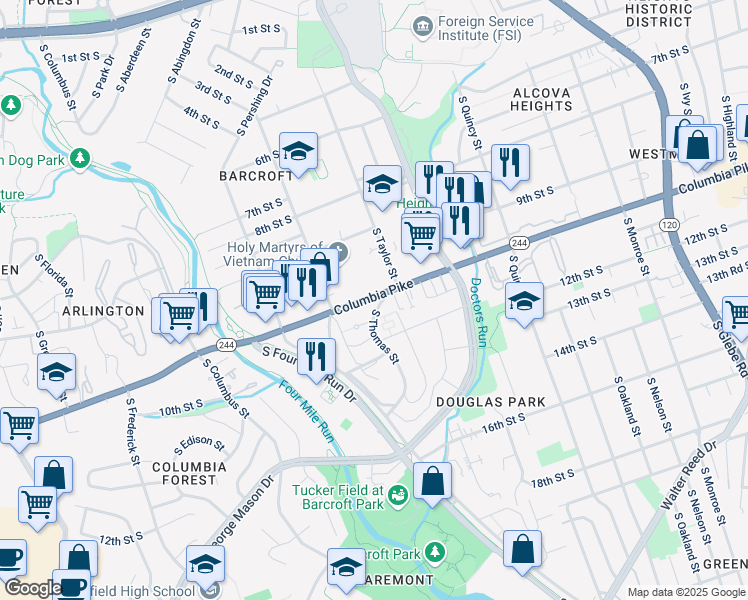 map of restaurants, bars, coffee shops, grocery stores, and more near 4350 Columbia Pike in Arlington