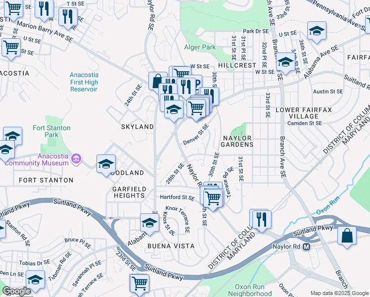 map of restaurants, bars, coffee shops, grocery stores, and more near 2760 Naylor Road Southeast in Washington