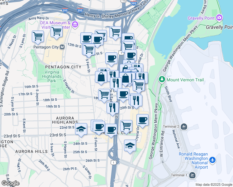 map of restaurants, bars, coffee shops, grocery stores, and more near in Arlington