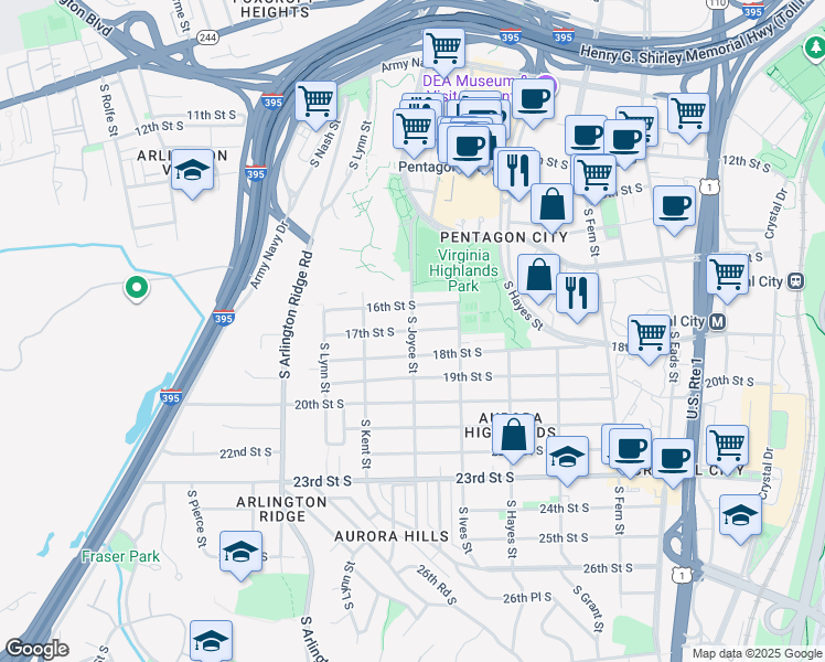 map of restaurants, bars, coffee shops, grocery stores, and more near South Joyce Street in Arlington