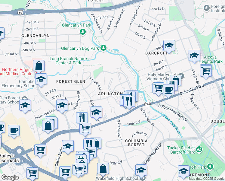 map of restaurants, bars, coffee shops, grocery stores, and more near 5111 8th Road South in Arlington