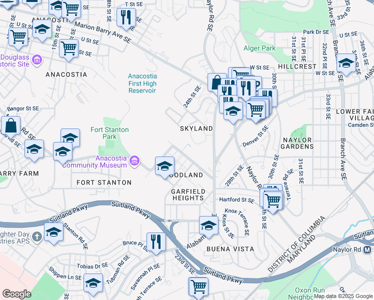 map of restaurants, bars, coffee shops, grocery stores, and more near 2316 Ainger Place Southeast in Washington