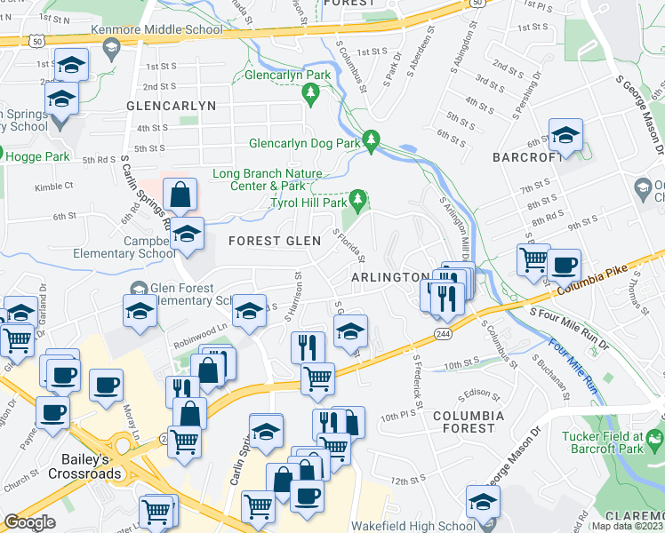 map of restaurants, bars, coffee shops, grocery stores, and more near 801 South Greenbrier Street in Arlington