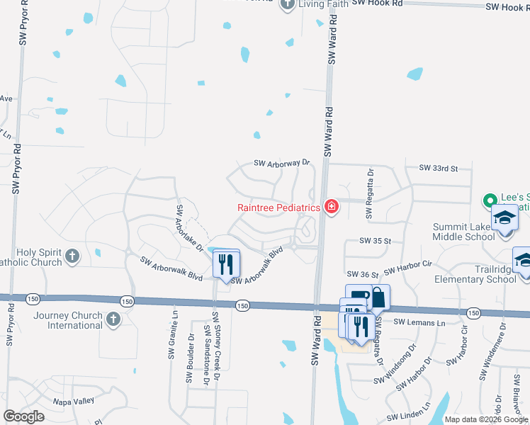 map of restaurants, bars, coffee shops, grocery stores, and more near 1217 Southwest Arborfair Drive in Lee's Summit