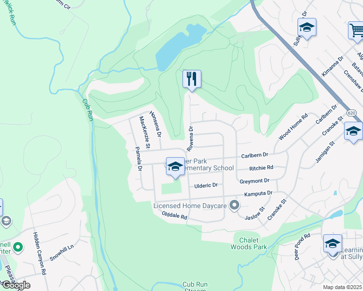 map of restaurants, bars, coffee shops, grocery stores, and more near 5647 Barrymore Road in Centreville