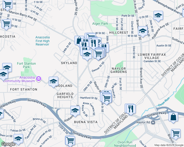 map of restaurants, bars, coffee shops, grocery stores, and more near 2760 Naylor Road Southeast in Washington