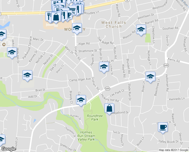 map of restaurants, bars, coffee shops, grocery stores, and more near 3231 Graham Road in Falls Church