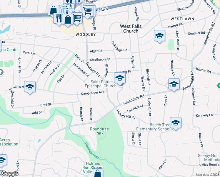 map of restaurants, bars, coffee shops, grocery stores, and more near 3231 Graham Road in Falls Church