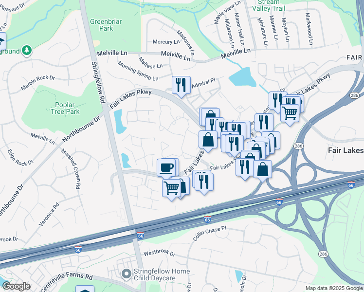 map of restaurants, bars, coffee shops, grocery stores, and more near 11727 Autumn Woods Way in Fairfax