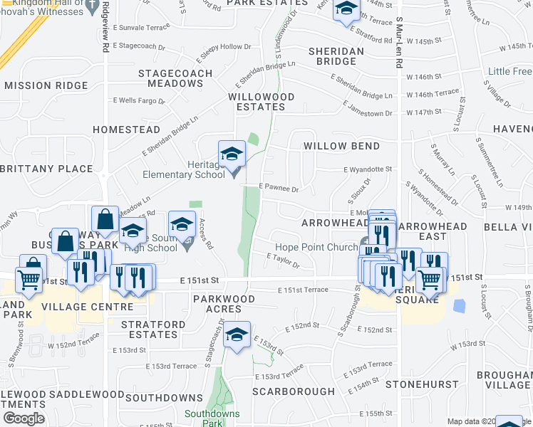 map of restaurants, bars, coffee shops, grocery stores, and more near 1608 South Lindenwood Drive in Olathe