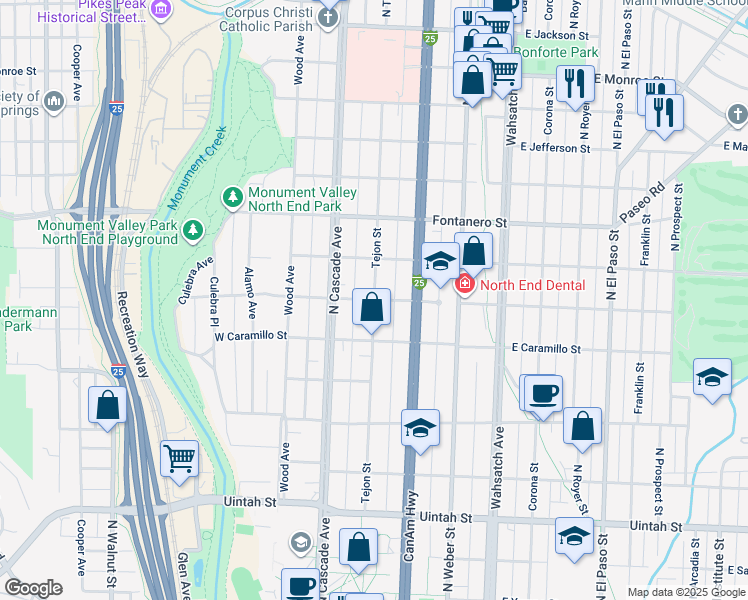 map of restaurants, bars, coffee shops, grocery stores, and more near North Tejon Street in Colorado Springs
